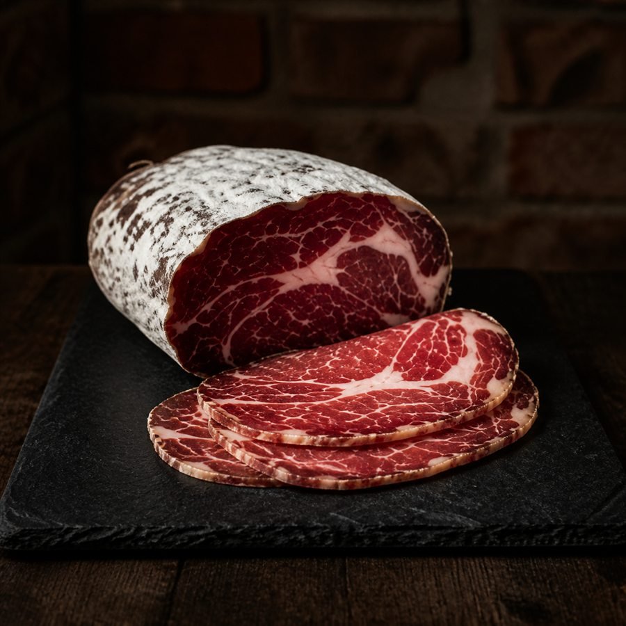 Carne com maturação controlada, fatiada com textura perfeita